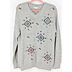 NOVICA 100% Alpaca Mens Sweater LARGE Gray Geometric Accents Peru Excellent